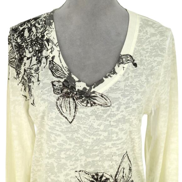 Coldwater Creek Top Womens Large Ivory Black Floral Sequin T-shirt Slub Knit - Picture 7 of 15